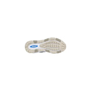Back side of ea7 men sneakers grey polyester lace up shoes featuring beige and white rubber sole with blue crusher logo
