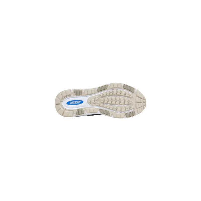Back side of ea7 men sneakers grey polyester lace up shoes featuring beige and white rubber sole with blue crusher logo