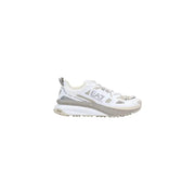 Ea7 men sneakers grey polyester lace up shoes featuring a white trail running shoe with silver accents and textured sole