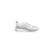 Ea7 men sneakers grey polyester lace up shoes featuring a white trail running shoe with silver accents and textured sole