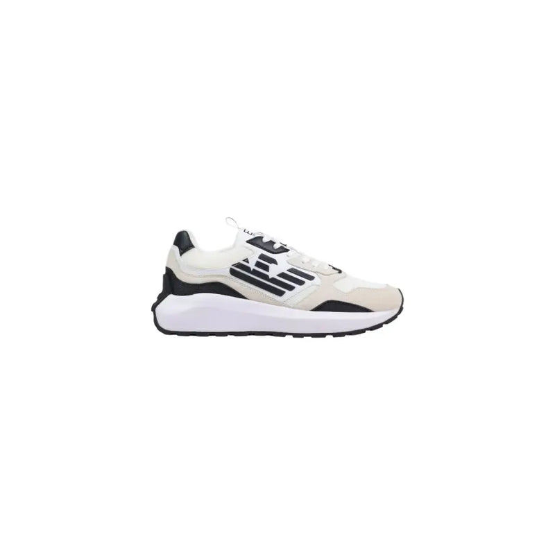 Ea7 men sneakers white and black athletic sneaker with textured upper polyurethane and chunky white sole spring summer collection