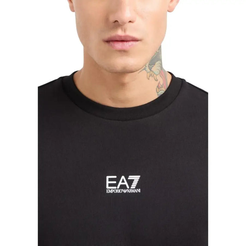 Black Ea7 Emporio Armani crewneck t-shirt with white logo on chest, men’s sweatshirt ideal for casual wear