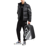 Black and white ea7 emporio armani tennis bag with bold diagonal stripes and logo branding for men sweatshirts collection
