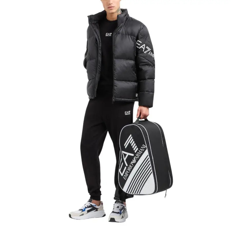 Black and white ea7 emporio armani tennis bag with bold diagonal stripes and logo branding for men sweatshirts collection