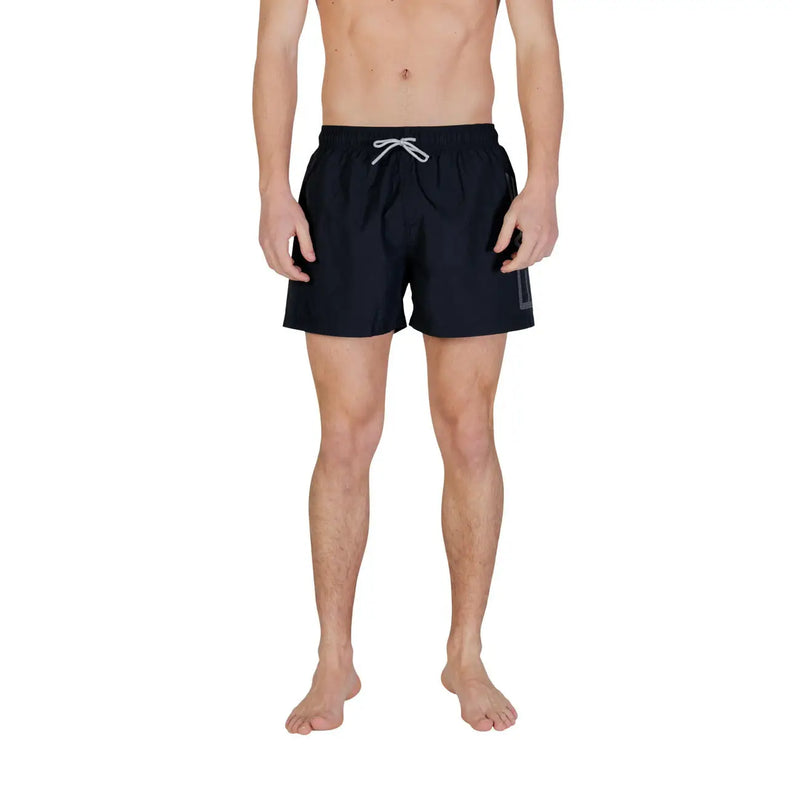 Ea7 men swimwear black polyester swim trunks with white drawstring and subtle gray logo on the side