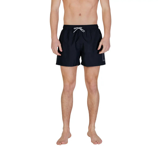 Ea7 men swimwear black polyester swim trunks with white drawstring and subtle gray logo on the side