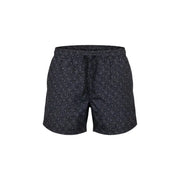 Ea7 Schwarze Herren-Badeshorts aus Polyester mit sich wiederholendem hellgrauem geometrischem Muster und Taschen