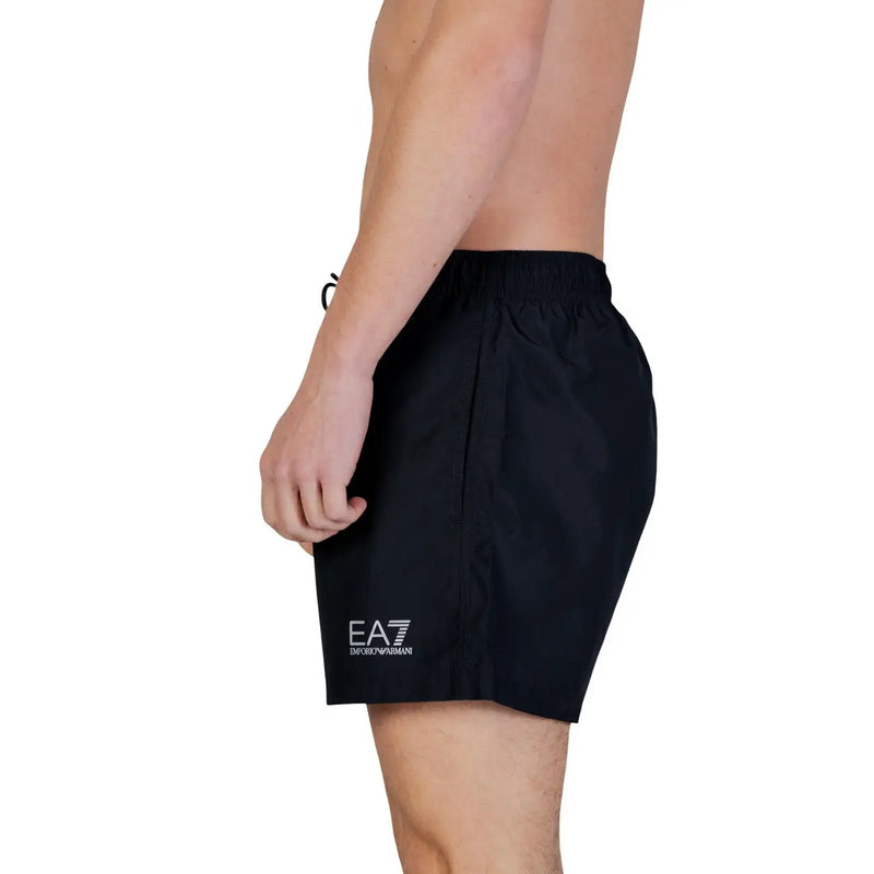 Black ea7 emporio armani polyester swim trunks with white logo on left leg featuring pockets for men