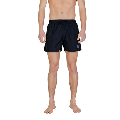 Black EA7 men swimwear polyester shorts with drawstring waistband pockets and subtle logo on lower left leg