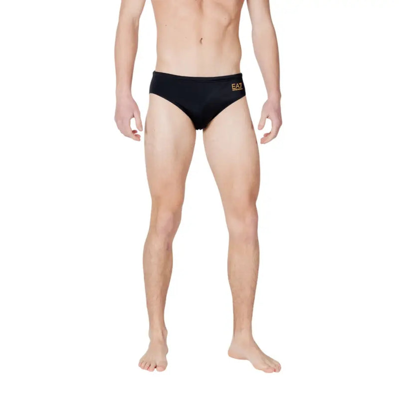 Black ea7 men swimwear swim trunks with gold logo on waistband designed for swimming and beachwear