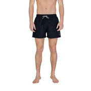 Black Ea7 men swimwear swim trunks with white drawstring and subtle gray logo on the side for casual beachwear