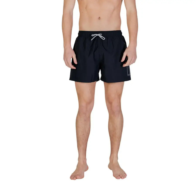 Black Ea7 men swimwear swim trunks with white drawstring and subtle gray logo on the side for casual beachwear