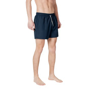 Men’s navy blue EA7 swim shorts with white drawstring and lace-up design