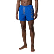 Ea7 men swimwear bright blue swim trunks with gray ea7 logo on side and white drawstrings for swimming
