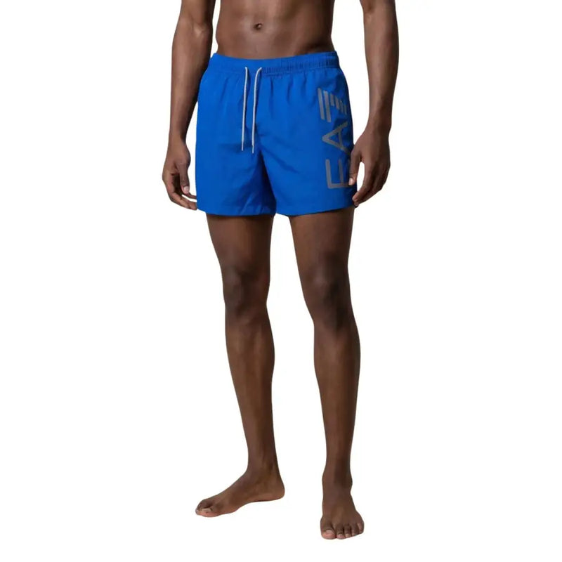 Ea7 men swimwear bright blue swim trunks with gray ea7 logo on side and white drawstrings for swimming use