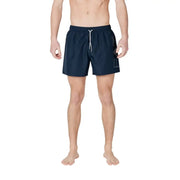 Ea7 men swimwear navy blue swim trunks with white drawstring and subtle geometric logo on the side