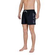 Ea7 men swimwear black swim trunks with gray logo and white drawstring designed for comfortable swimming