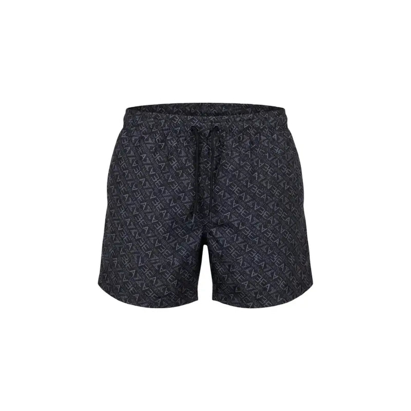 Black Ea7 men swimwear swim trunks with a repeating lighter gray geometric pattern designed for swimming