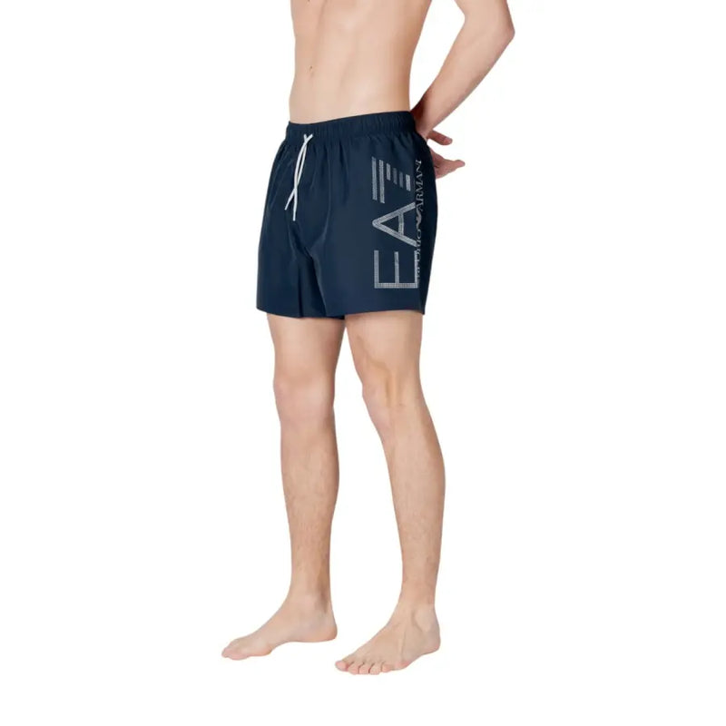 Navy blue Ea7 men swimwear swim trunks with white drawstring and logo on the side for beach and pool use
