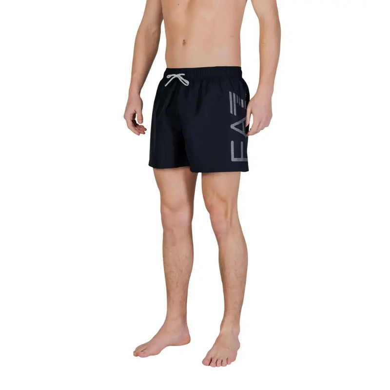 Ea7 men swimwear black swim trunks with gray logo and white drawstring designed for comfortable beachwear