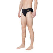 Black ea7 men swimwear swim trunks with a gold logo on the waistband designed for swimming and beachwear