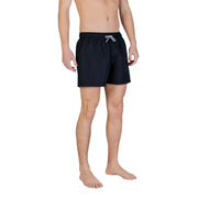 Ea7 men swimwear black swim trunks with white drawstring waistband designed for comfortable beachwear