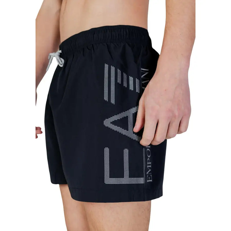 Black ea7 men swimwear swim trunks with bold pixelated white logo and matching drawstring for swimming use
