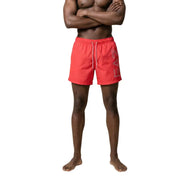 Ea7 men swimwear bright red swim trunks with subtle gray ea7 logo and white drawstrings for beach use