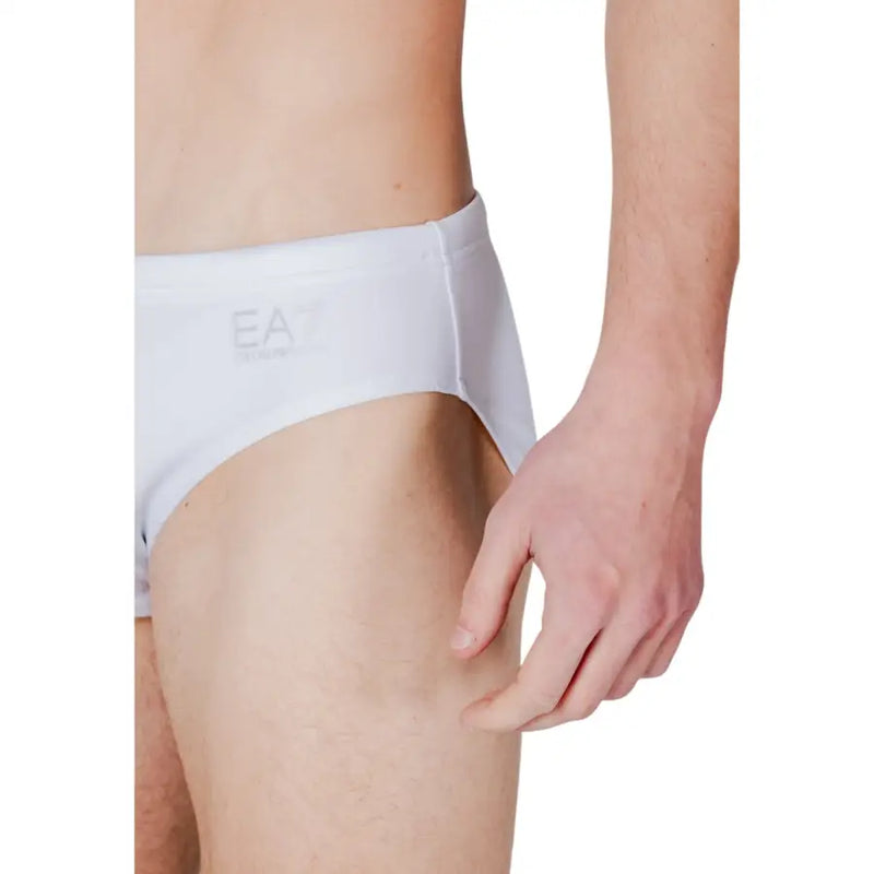 Ea7 Weiße, schlichte Herren-Badehose aus Polyester mit dezentem Logo am Bund, von vorne gesehen
