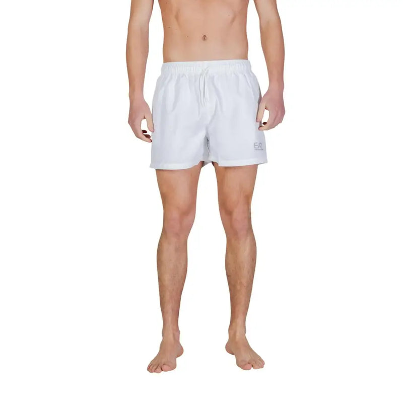 Ea7 men swimwear white swim trunks with subtle logo on left leg designed for comfortable swimming