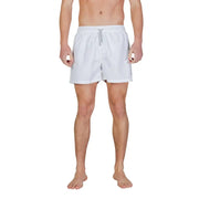 Ea7 men swimwear white swim trunks with gray drawstring and subtle side stripes designed for swimming