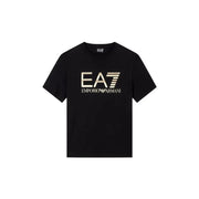 Black short-sleeved cotton t-shirt for men featuring a prominent gold ea7 emporio armani logo across the chest