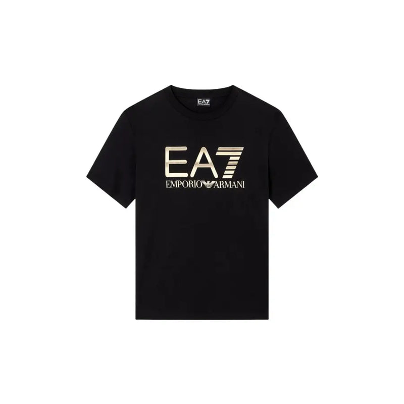 Black short-sleeved cotton t-shirt for men featuring a prominent gold ea7 emporio armani logo across the chest