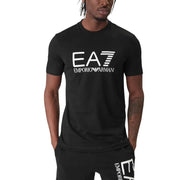 Black ea7 emporio armani men t-shirt with white logo and stripes, designed for casual wear