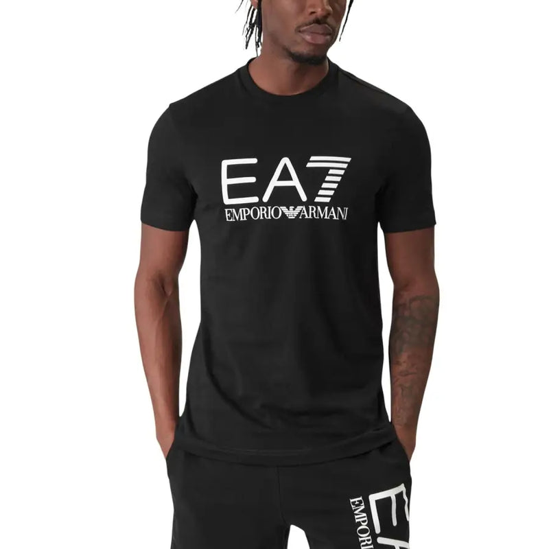 Black ea7 emporio armani men t-shirt with white logo and stripes, designed for casual wear