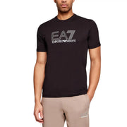 Black short-sleeved cotton Ea7 men t-shirt with white ea7 emporio Armani logo printed across the chest