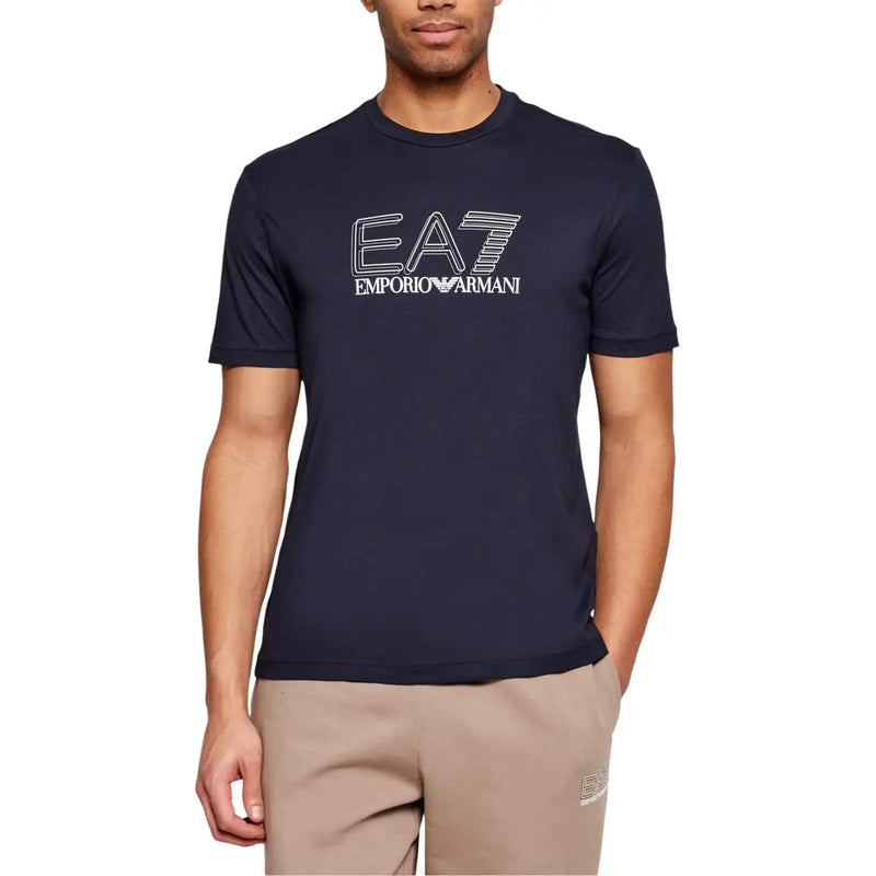Navy blue ea7 emporio armani men t-shirt with white outlined logo and brand name across the chest
