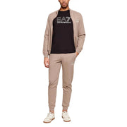 Beige ea7 emporio armani men track suit with matching jacket and joggers featuring logo on chest and thigh