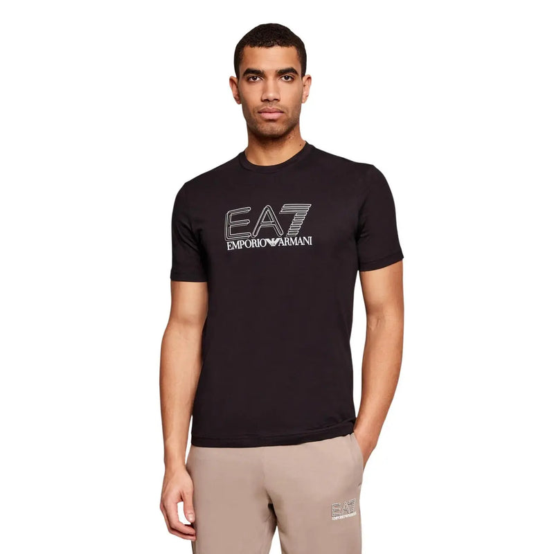 Black ea7 emporio armani men t-shirt with white logo printed across the chest in cotton fabric
