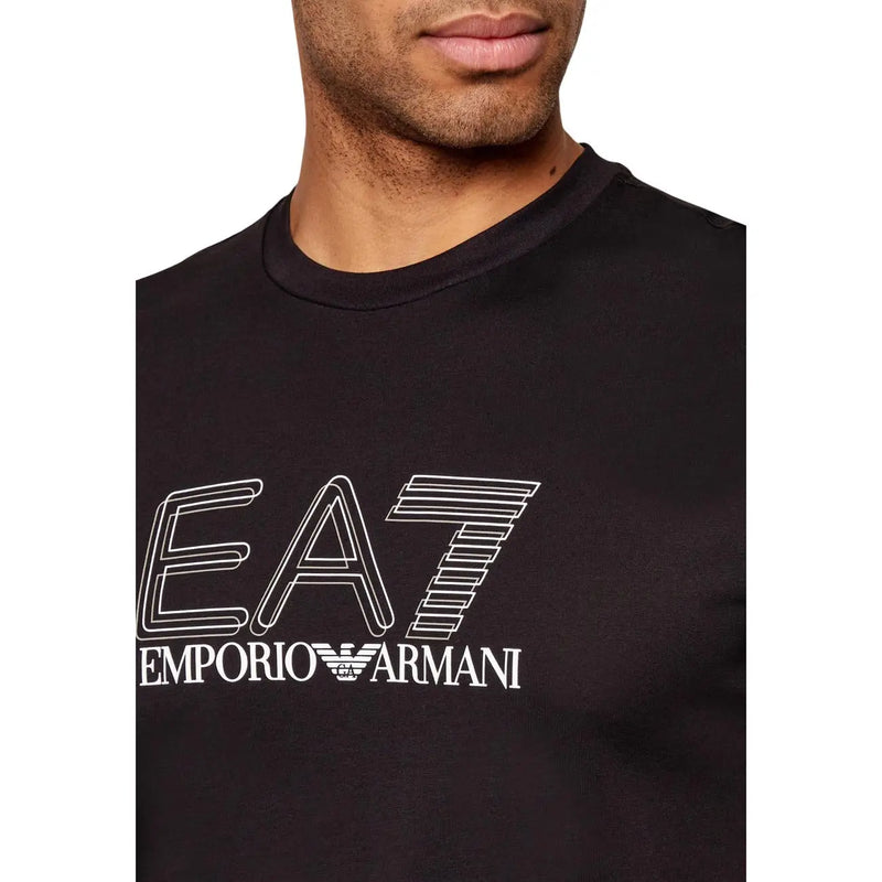 Black ea7 Emporio Armani men t-shirt featuring a bold white outlined logo with striped detailing on front