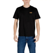 Schwarz Ea7 Emporio Armani Herren t-shirt mit kleinem goldenen Logo auf der linken Brust, geeignet für Freizeitkleidung