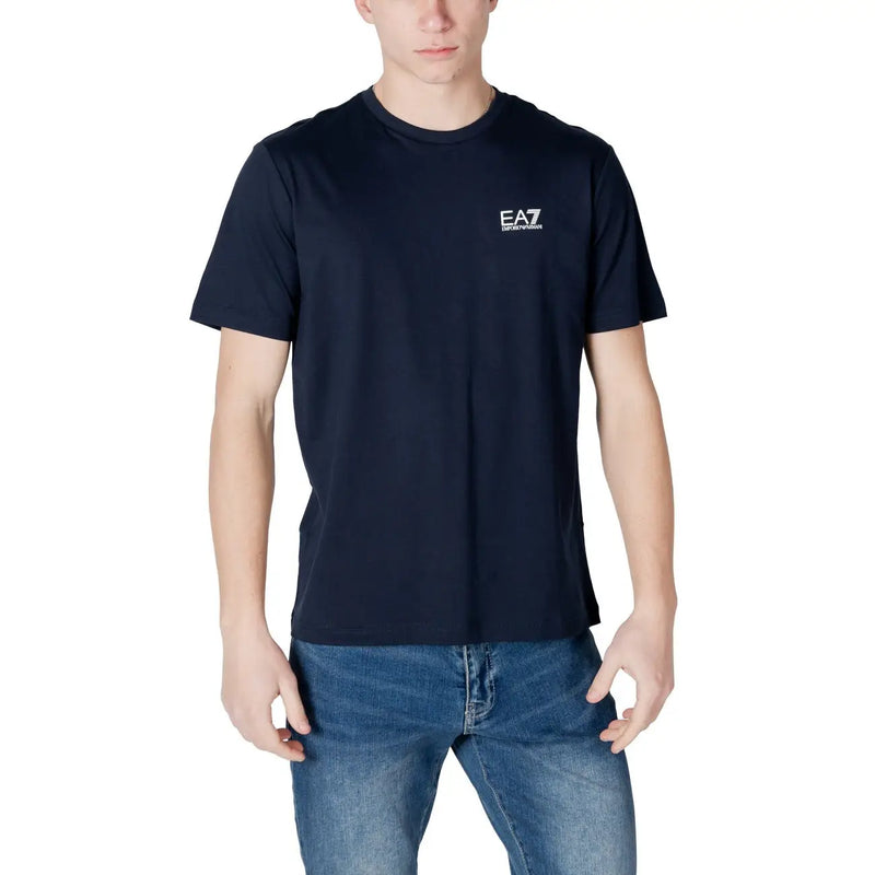 Navy blue ea7 emporio armani men t-shirt with white logo on left chest in short-sleeved cotton fabric