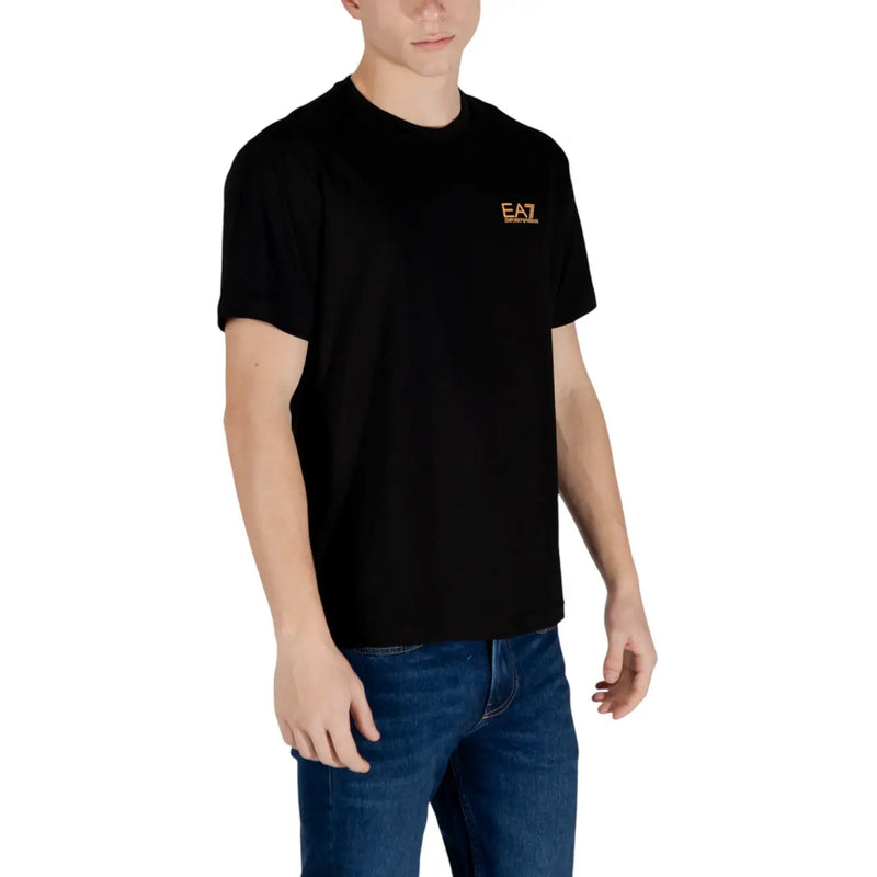 Ea7 men black t-shirt featuring a small orange logo on the left chest, made for casual wear