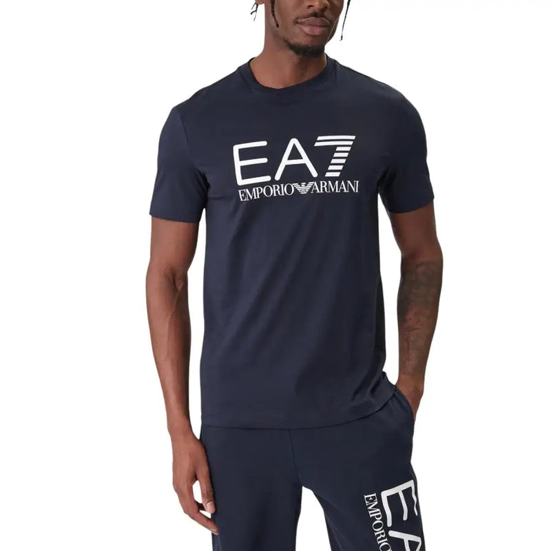 Navy blue ea7 emporio armani men t-shirt with white logo print and short sleeves made from cotton blend fabric