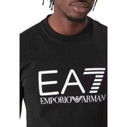 Black emporio armani ea7 men t-shirt with bold white logo and iconic eagle emblem on front side