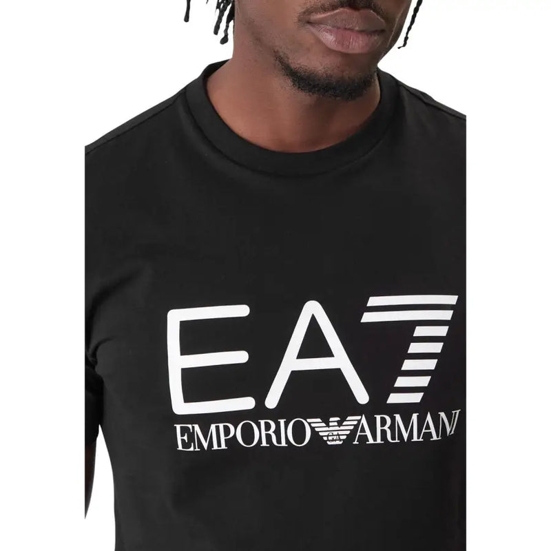 Black emporio armani ea7 men t-shirt with bold white logo and iconic eagle emblem on front side