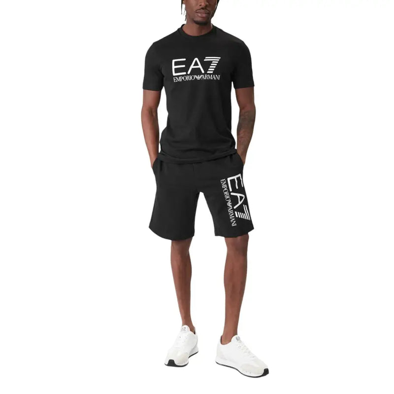 Black ea7 emporio armani men t-shirt and matching shorts with white logo in short-sleeved cotton fabric