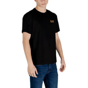 Ea7 schwarze Männer t-shirt mit einem kleinen orangefarbenen Logo auf der linken Brust, geeignet für Freizeitkleidung