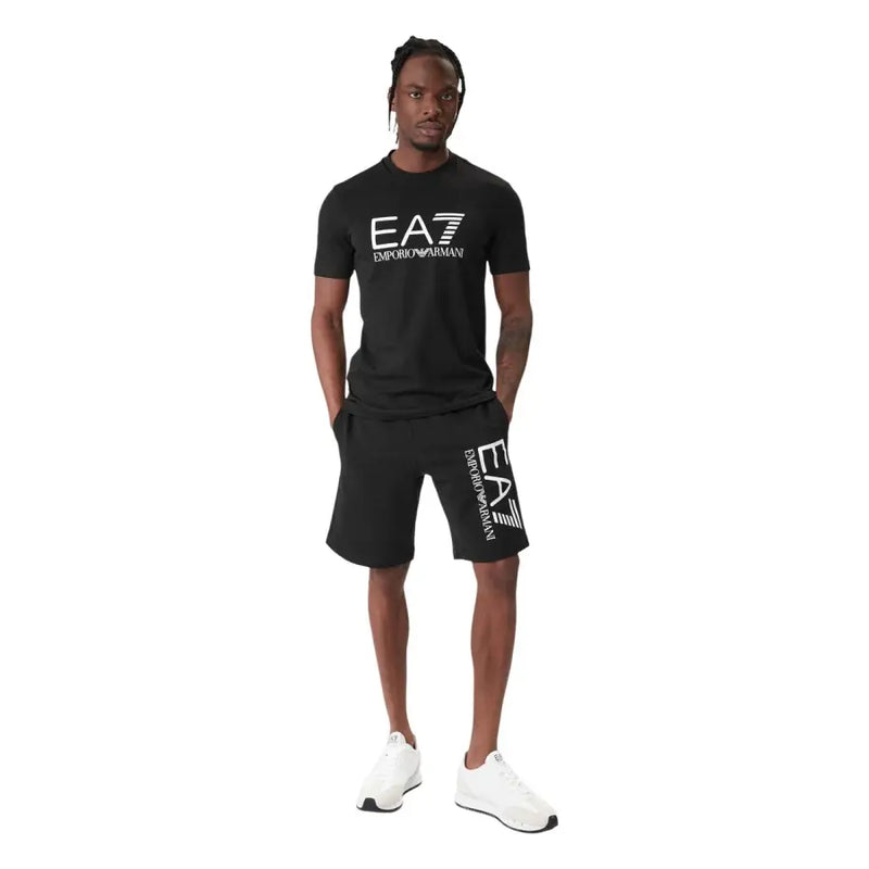 Black ea7 emporio armani men t-shirt with white logo and matching shorts set made of comfortable fabric