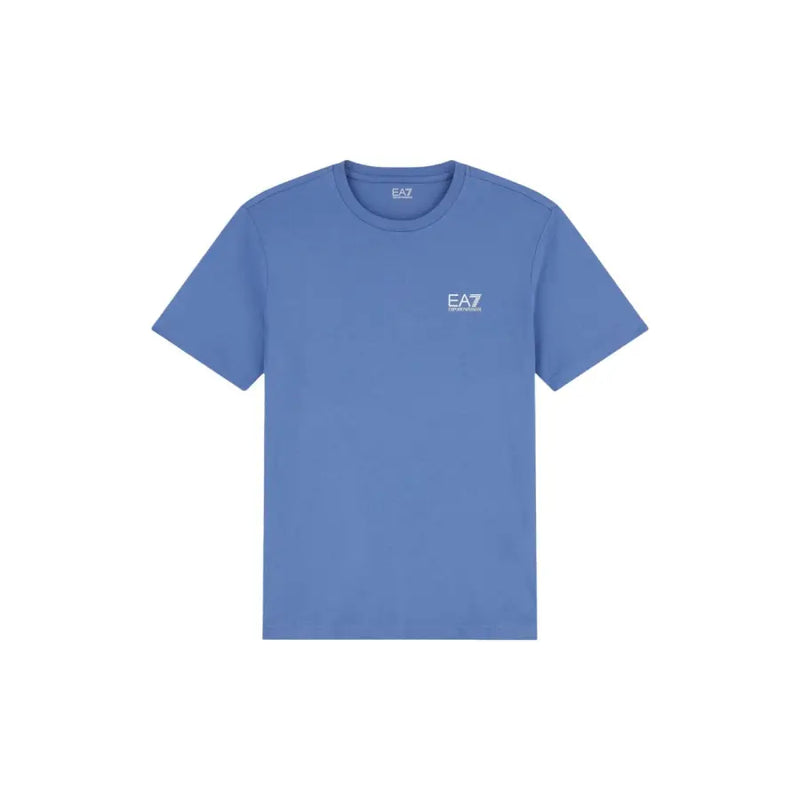 A light blue ea7 men t shirt short sleeve cotton featuring a small white logo on the left chest